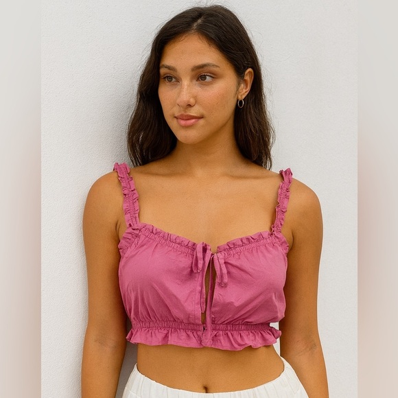 Aerie Pink Ruffled Crop Top S summer ruffle - Picture 1 of 5